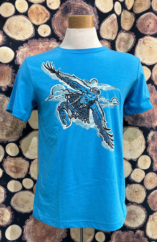 Flying Osprey with salmon in talons. Hand drawn and hand silkscreened using water-based inks